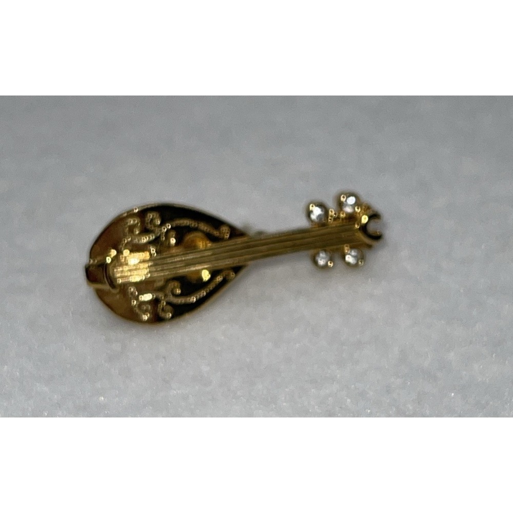 VTG Avon Mandolin Music instrument Gold Tone Rhinestone Lapel Pin Tie Tack 1990s